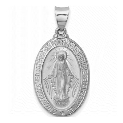 14K White Gold Miraculous Medal Oval Pendant