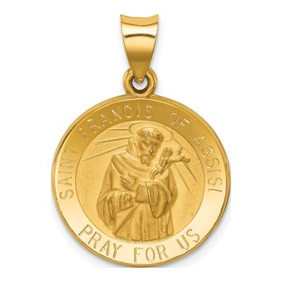 14K Yellow Gold St Francis of Assisi Medal Hollow Pendant