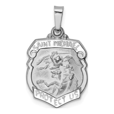 14K White Gold St Michael Medal Hollow Pendant