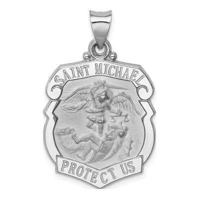 14K White Gold Polish St Michael Badge Medal Hollow Pendant