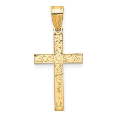14K Yellow Gold Etched Floral Cross Pendant