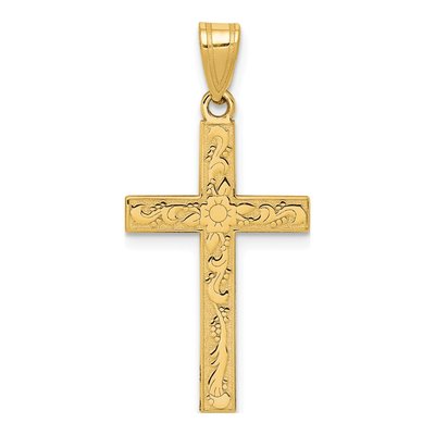 14K Yellow Gold Etched Floral Cross Pendant