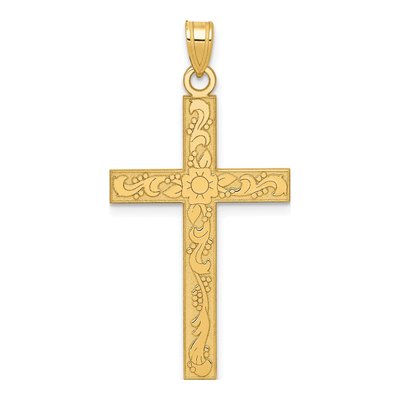 14K Yellow Gold Etched Floral Cross Pendant