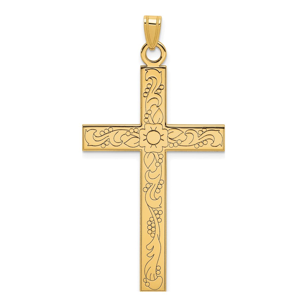 14K Yellow Gold Etched Floral Cross Pendant