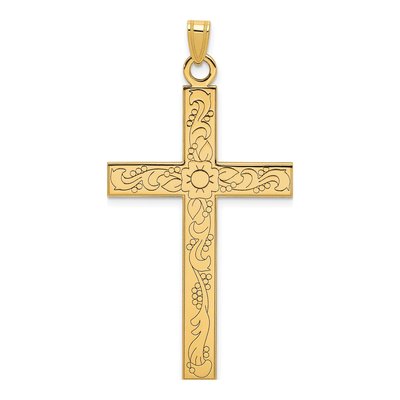 14K Yellow Gold Etched Floral Cross Pendant