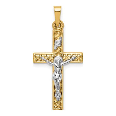 14K Two-Tone Gold Lattice Textured INRI Crucifix Pendant