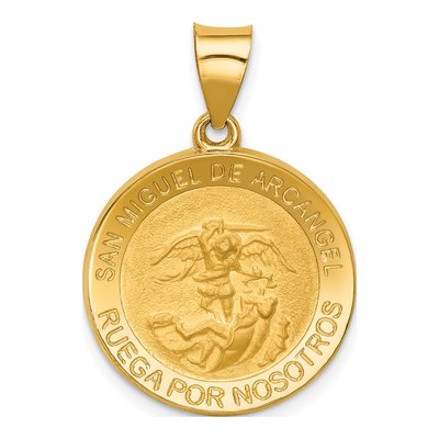 14K Yellow Gold Hollow Round Spanish San Miguel Medal Pendant