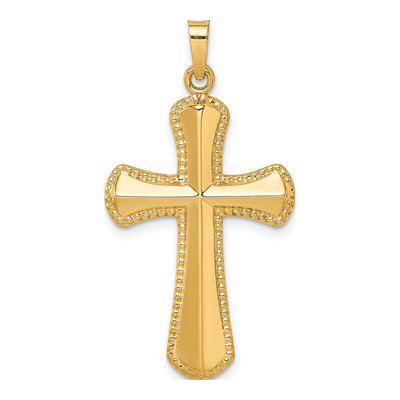 14K Yellow Gold Hollow Beaded Edge Cross Pendant
