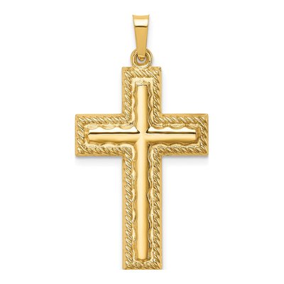 14K Yellow Gold Hollow Rope Edge Cross Pendant