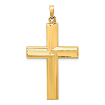 14K Yellow Gold Hollow Striped Latin Cross Pendant