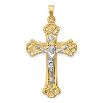 14K Two-Tone Gold Woven Fleur de Lis Crucifix Pendant
