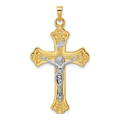 14K Two-Tone Gold INRI Fleur de Lis Crucifix Pendant