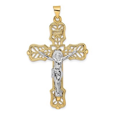 14K Two-Tone Gold Filigree Crucifix Pendant