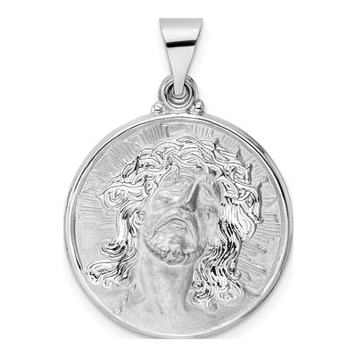 14K White Gold Hollow Jesus Face Disc Pendant