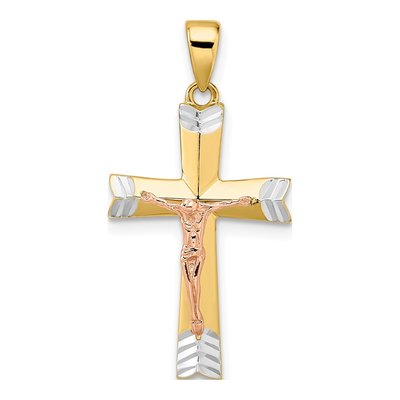 14K Yellow & Rhodium And Rose Gold With White D/C Crucifix Pendant