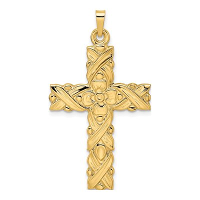 14K Yellow Gold Textured Floral Cross Pendant