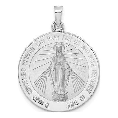 14K White Gold Miraculous Medal Round Pendant