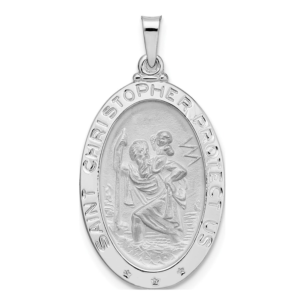 14K White Gold St Christopher Medal Oval Pendant
