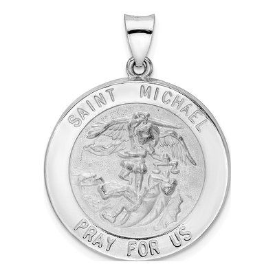 14K White Gold St Michael Medal Round Pendant