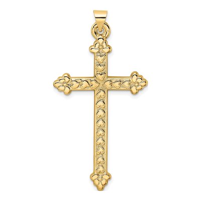 14K Yellow Gold Hollow Hearts Cross Pendant