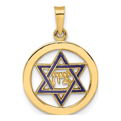 14K Gold Blue Enamel Star of David Circle Pendant