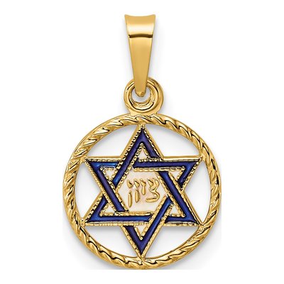 14K Yellow Gold Blue Enamel Star of David Pendant