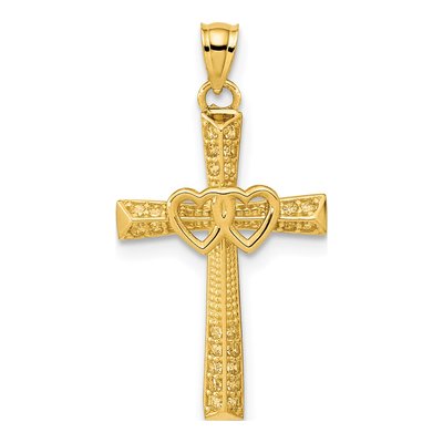 14K Yellow Gold CZ Cross Double Hearts Pendant