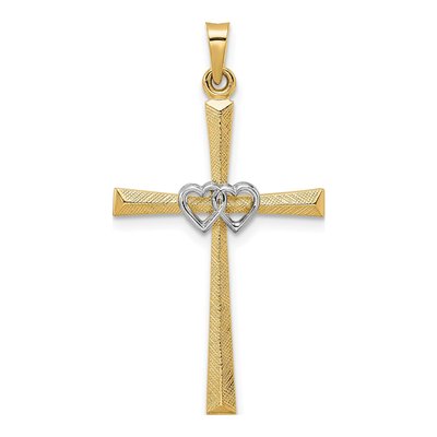 14K Two-Tone Gold Double Hearts Cross Pendant
