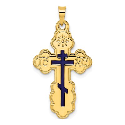14K Yellow Gold Blue Enamel Orthodox Cross Pendant