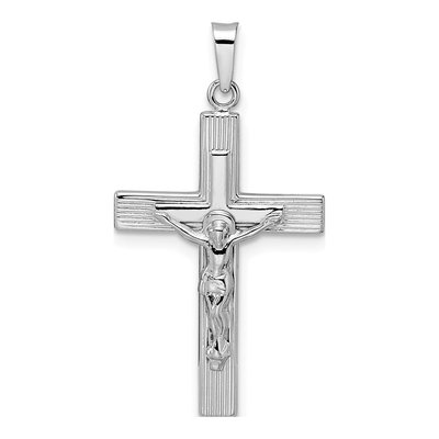 14K White Gold Striped Crucifix Pendant