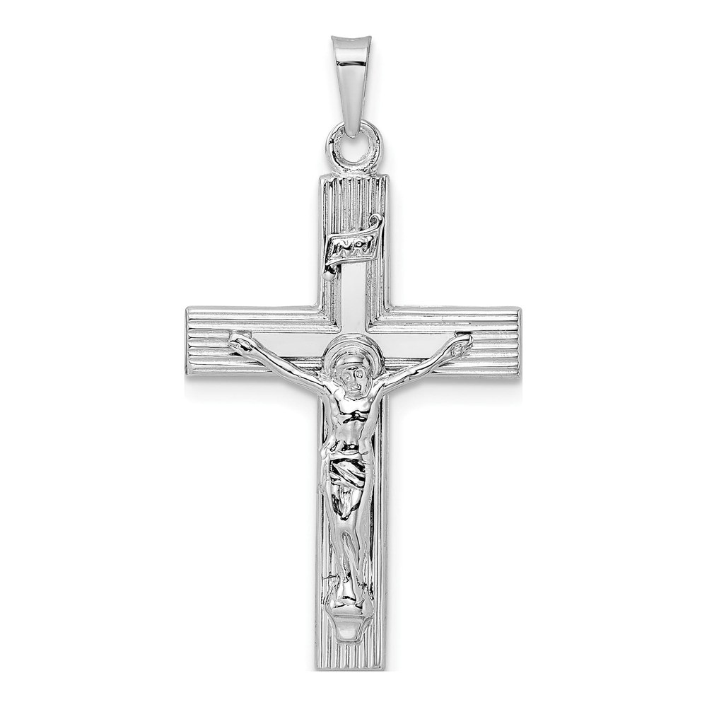 14K White Gold Striped INRI Crucifix Pendant