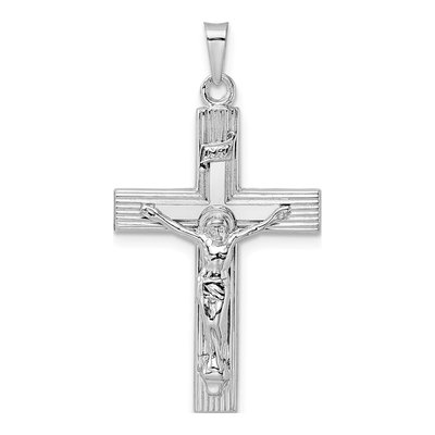 14K White Gold Striped INRI Crucifix Pendant