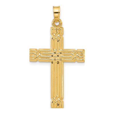 14K Yellow Gold Grooved Hollow Cross Pendant