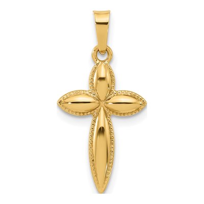 14K Yellow Gold Hollow Beaded Cross Pendant