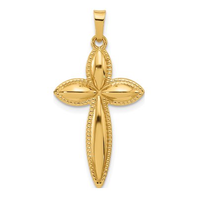 14K Yellow Gold Hollow Beaded Cross Pendant