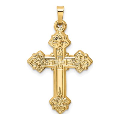 14K Yellow Gold Budded Hollow Cross Pendant