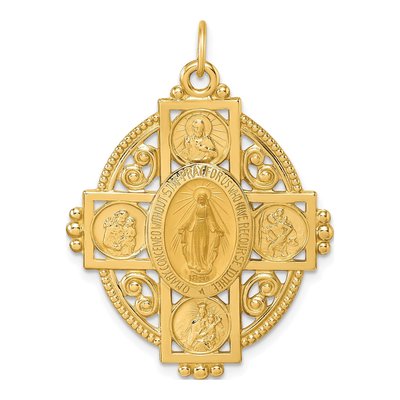 14K Yellow Gold Miraculous Medal Four-Way Cross Pendant