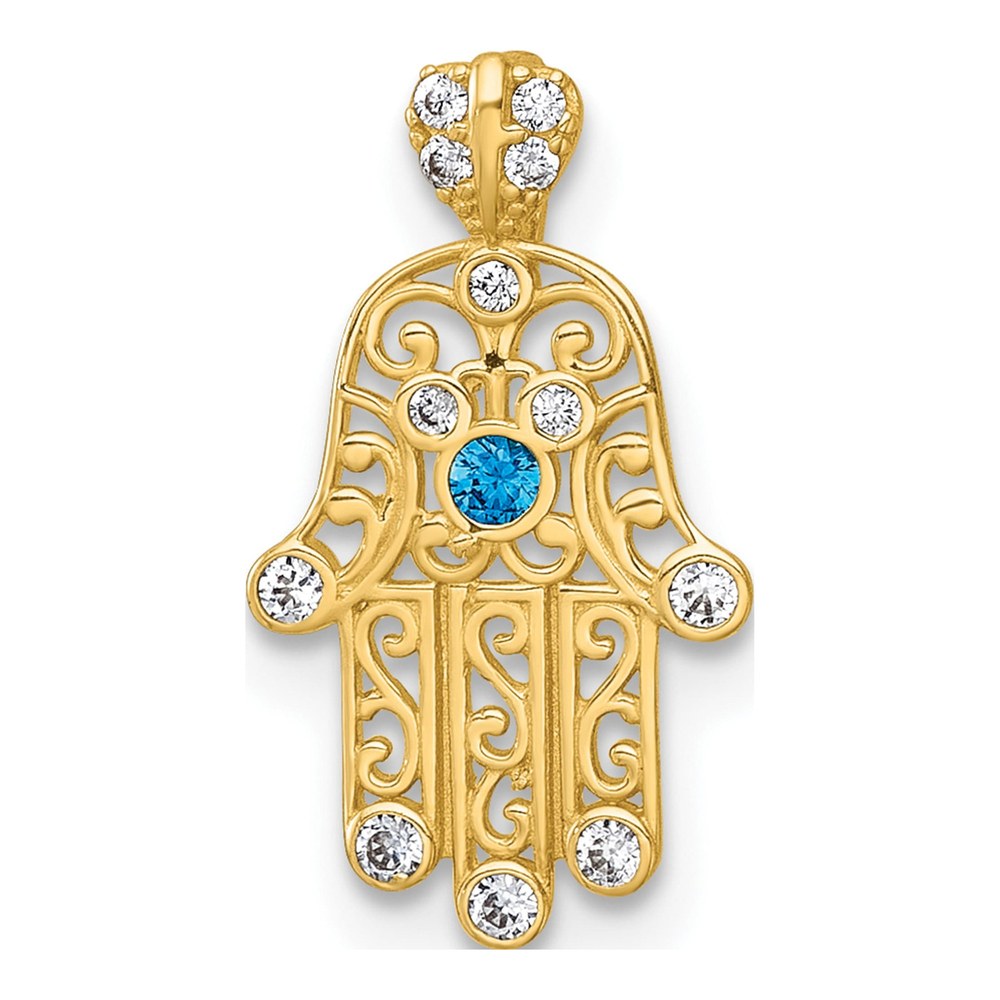 14K Polished White And Blue Cz Hamsa Chain Slide Pendant