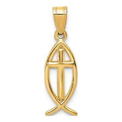14K Yellow Gold Cross Ichthus Fish Pendant