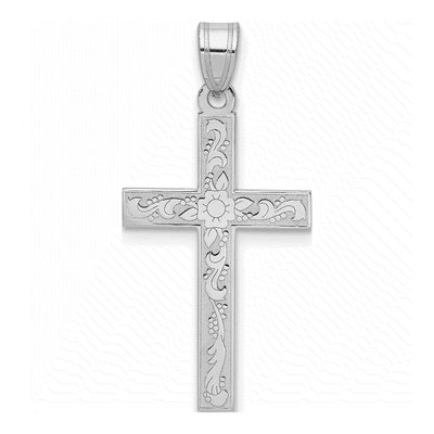 14K White Gold Floral Cross Pendant