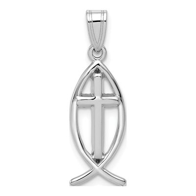14K White Gold Cross Ichthus Fish Pendant
