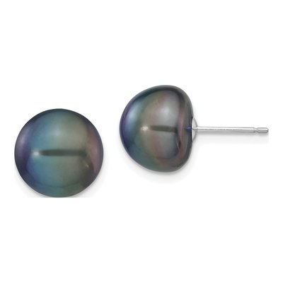 14K White Gold Black Freshwater Cultured Pearl Button Stud Earrings