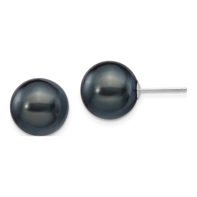 14K White Gold Round Black Freshwater Cultured Pearl Stud Earrings