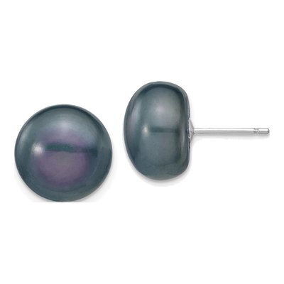 14K White Gold Black Freshwater Cultured Pearl Button Stud Earrings