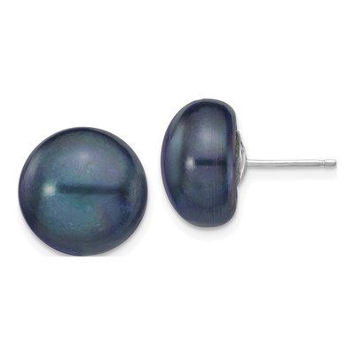 14K White Gold Black Freshwater Cultured Pearl Button Stud Earrings