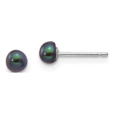 14K White Gold Black Freshwater Cultured Pearl Button Stud Earrings