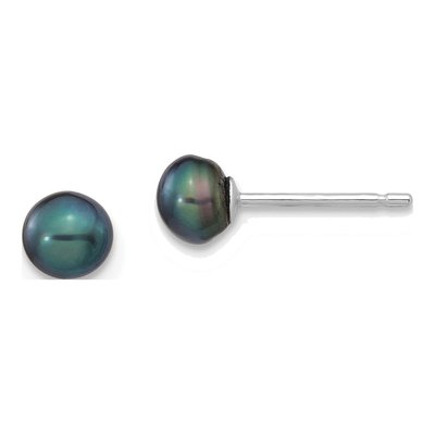 14K White Gold Black Freshwater Cultured Pearl Button Stud Earrings