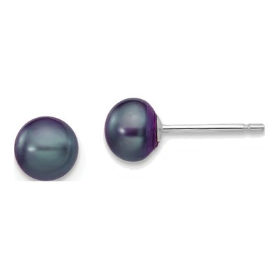 14K White Gold Black Freshwater Cultured Pearl Button Stud Earrings