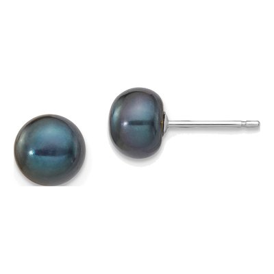 14K White Gold Black Freshwater Cultured Pearl Button Stud Earrings