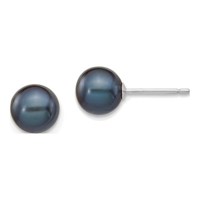 14K White Gold Round Black Freshwater Cultured Pearl Stud Earrings